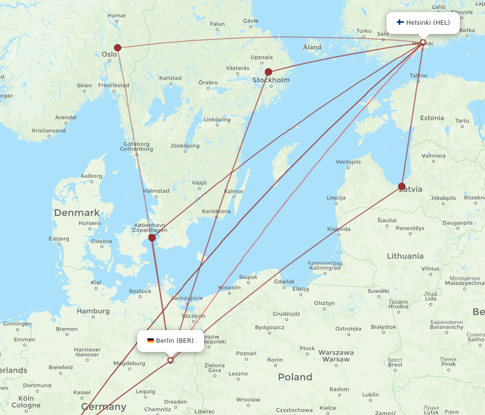 HEL to BER flights and routes map