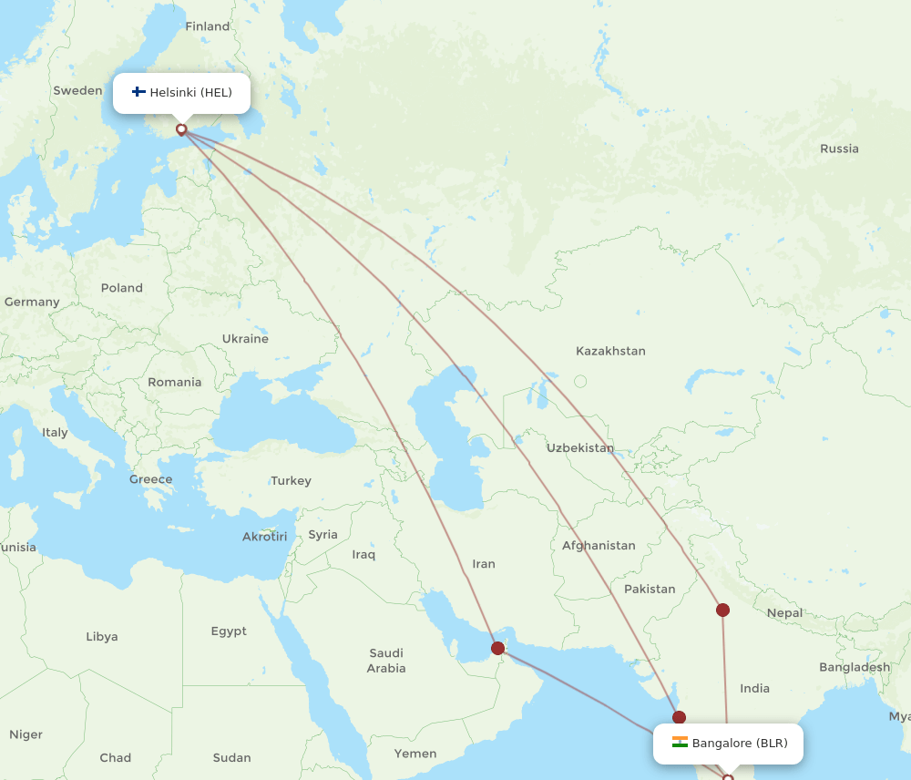 HEL to BLR flights and routes map