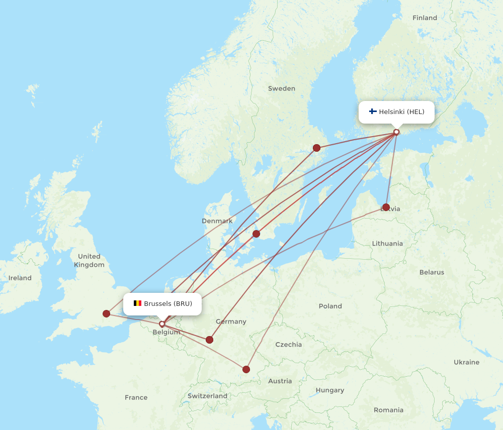 HEL to BRU flights and routes map