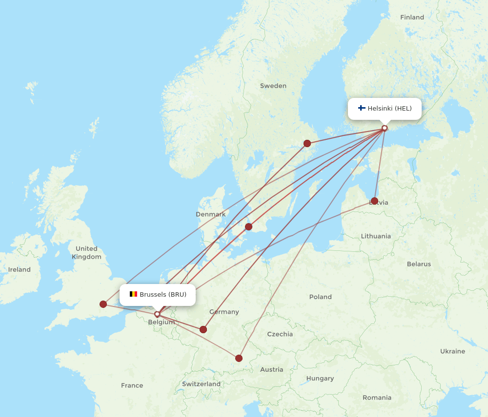 HEL to BRU flights and routes map