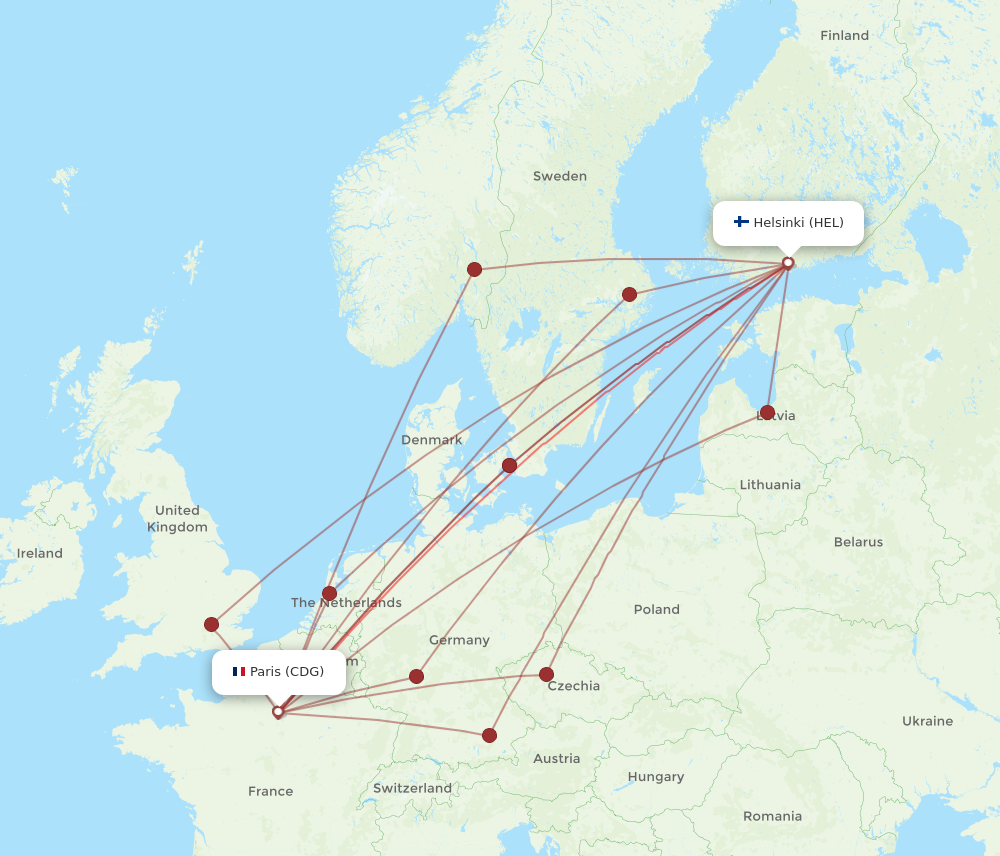 HEL to CDG flights and routes map