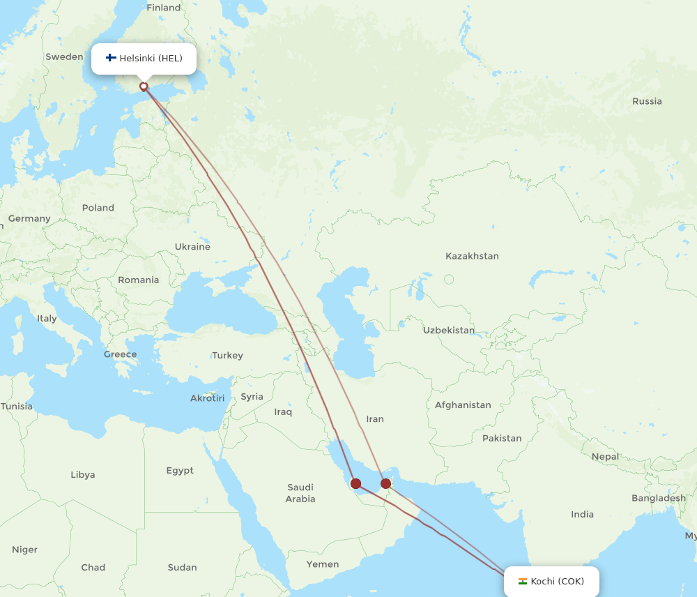 HEL-COK flight routes