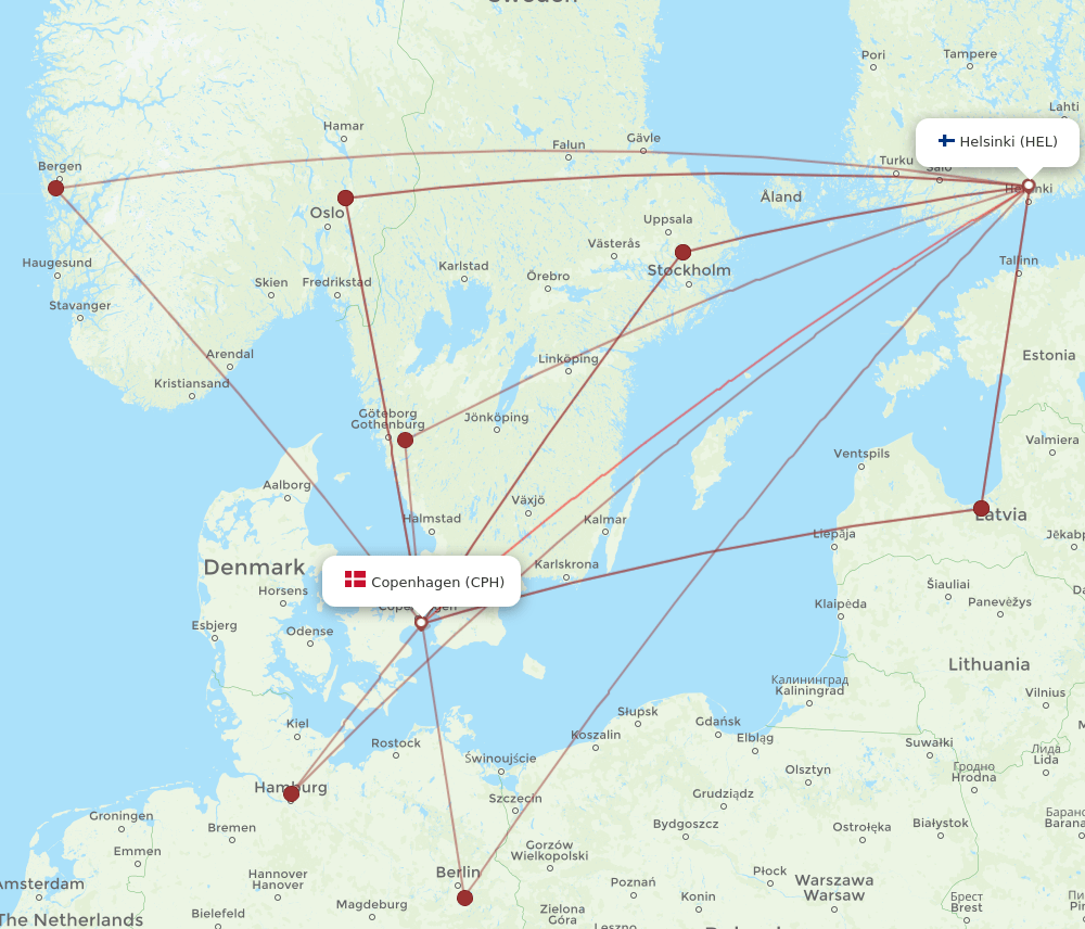 HEL to CPH flights and routes map