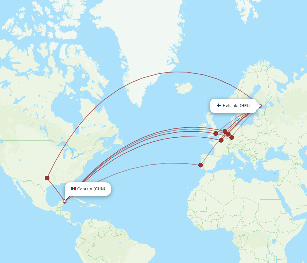 HEL to CUN flights and routes map