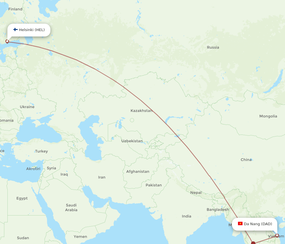 HEL to DAD flights and routes map