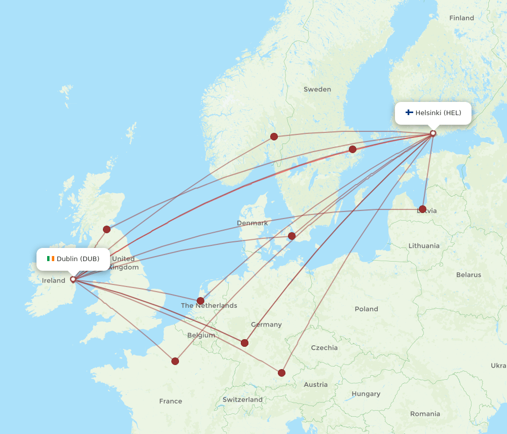 HEL to DUB flights and routes map