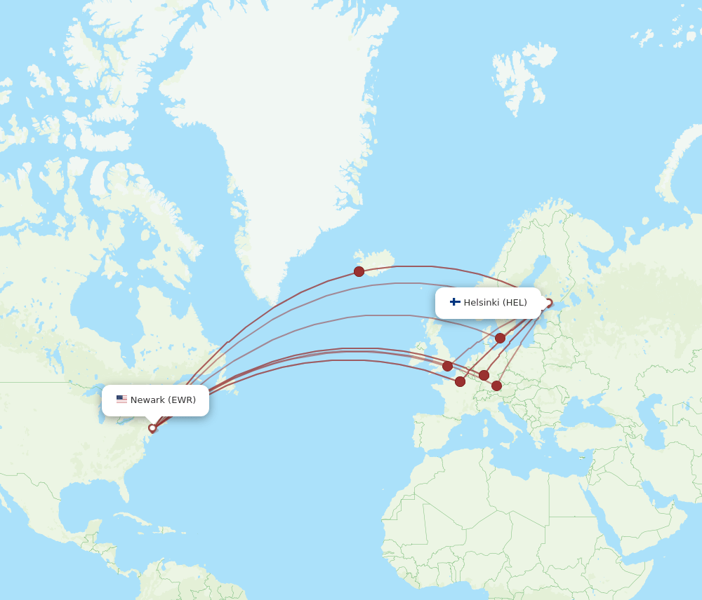 All flight routes from Helsinki to New York, HEL to EWR Flight Routes