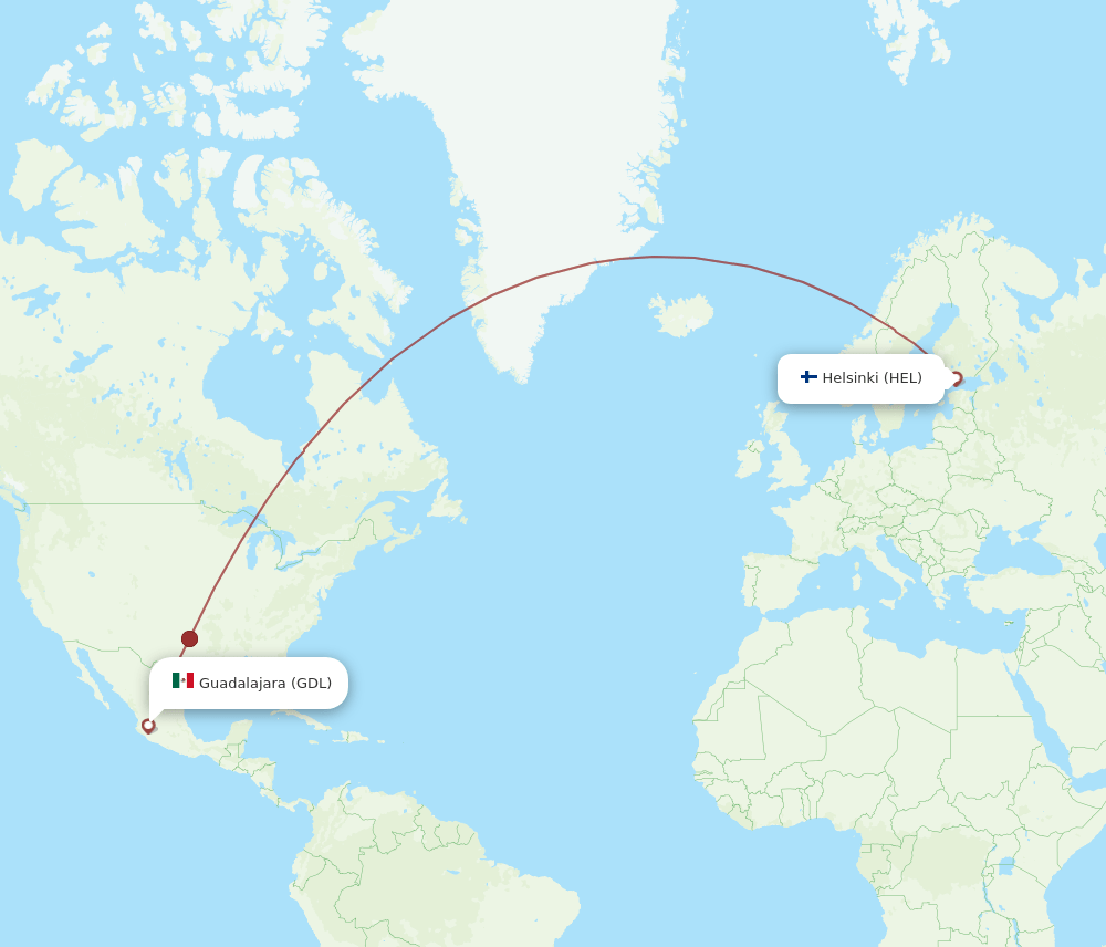 HEL to GDL flights and routes map