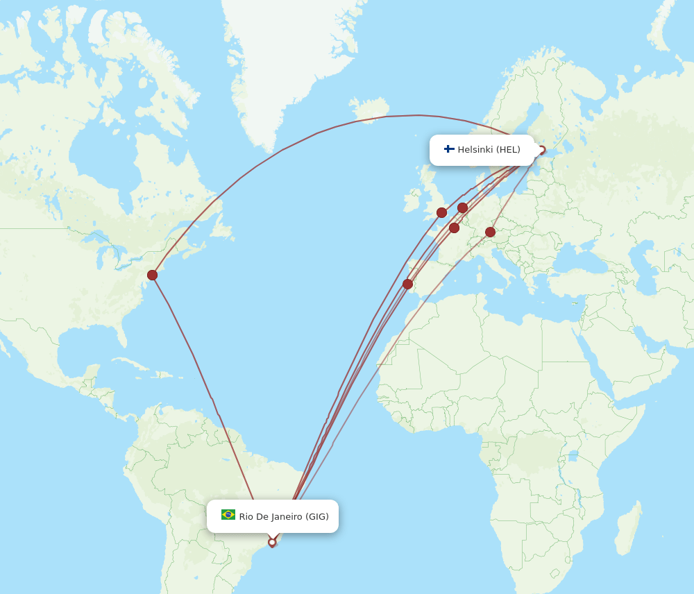 HEL to GIG flights and routes map