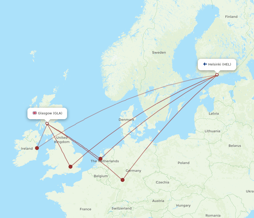 HEL to GLA flights and routes map