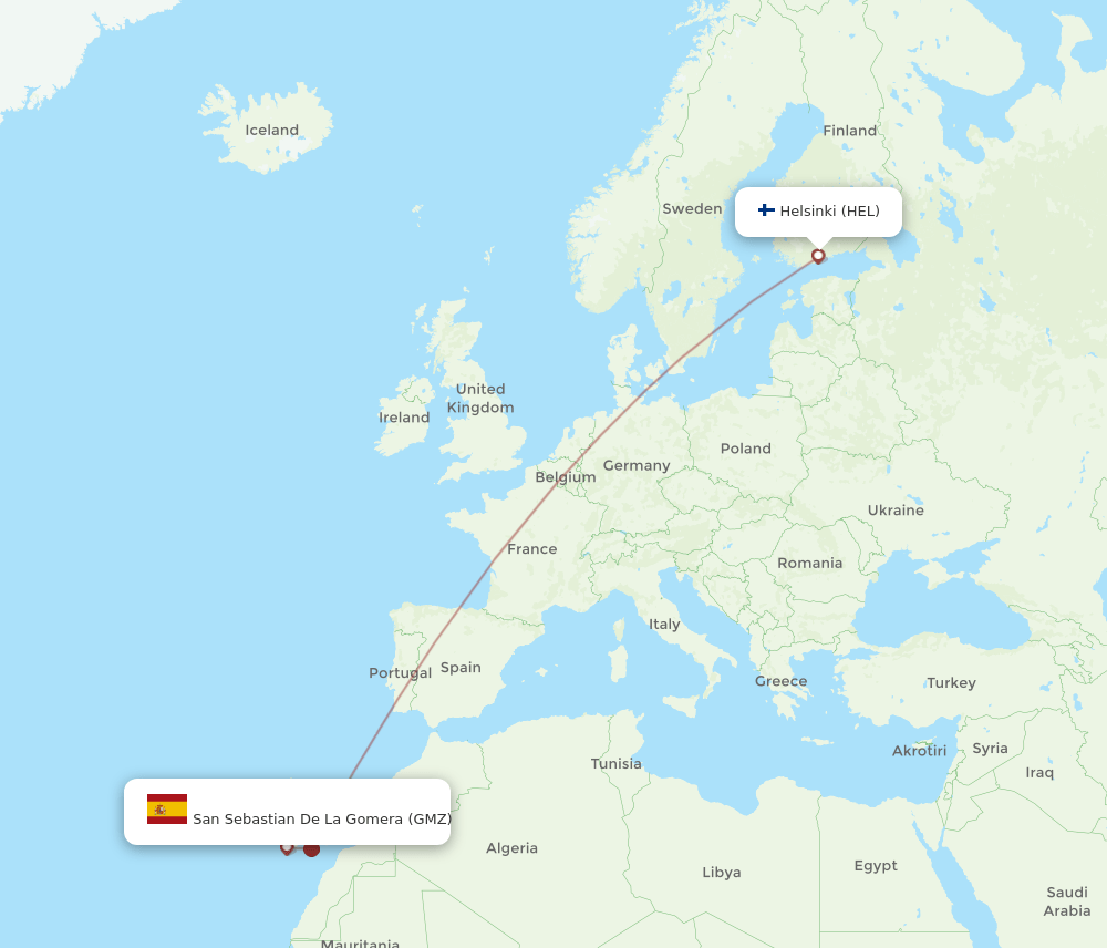 Helsinki - San Sebastian de la Gomera route map and flight paths