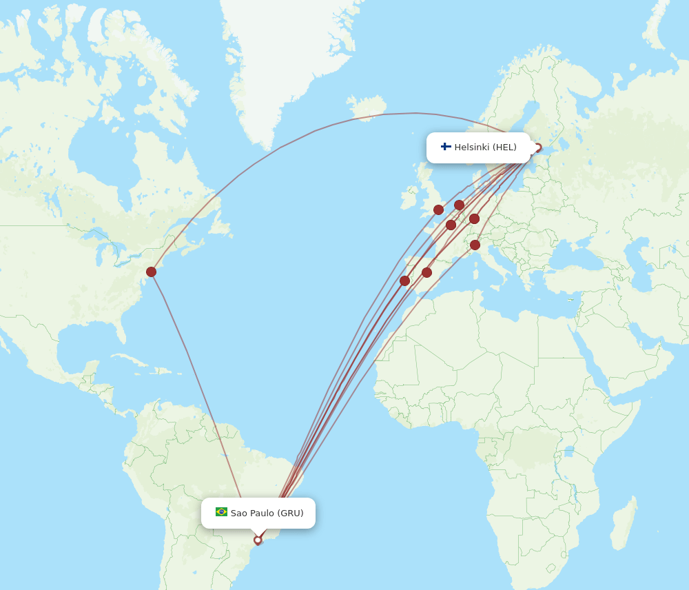 HEL to GRU flights and routes map