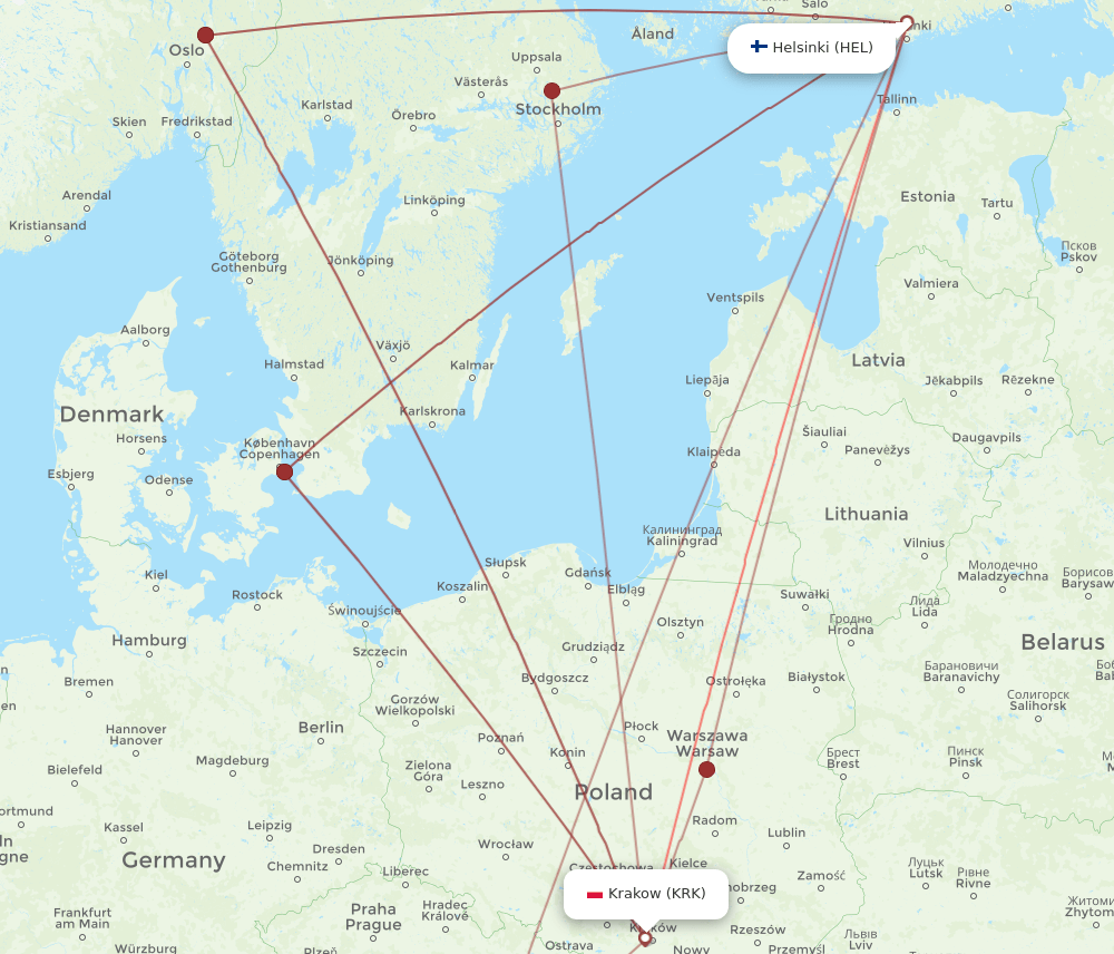 HEL to KRK flights and routes map