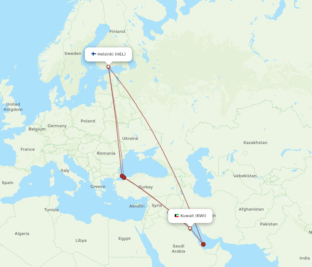 HEL-KWI flight routes