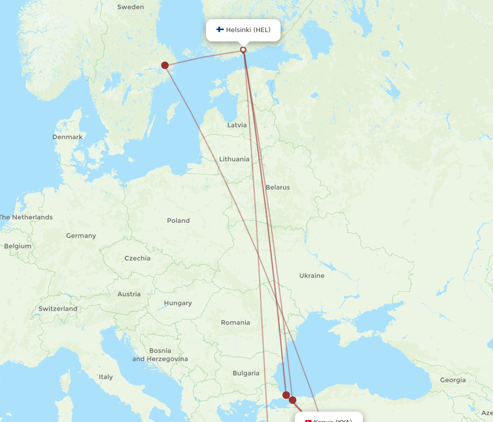 HEL to KYA flights and routes map