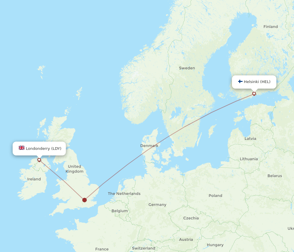 HEL to LDY flights and routes map