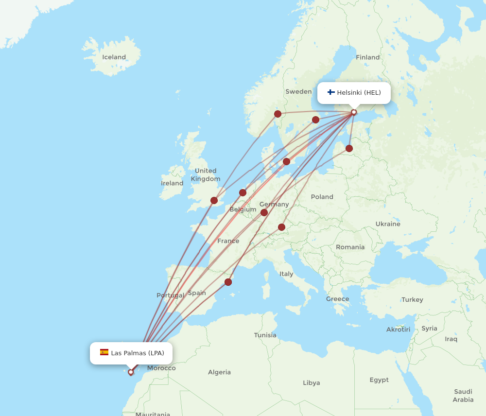 HEL to LPA flights and routes map