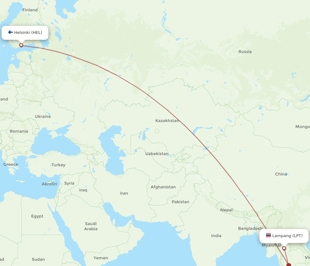 Helsinki - Lampang route map and flight paths
