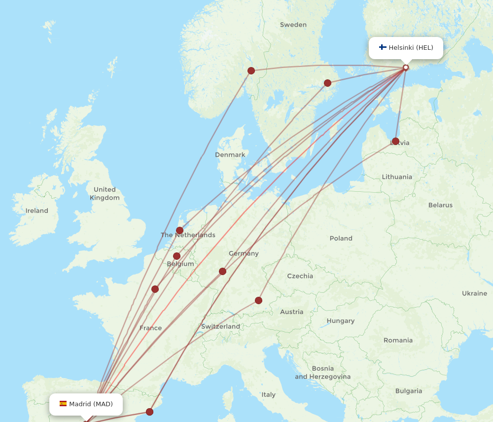 HEL to MAD flights and routes map