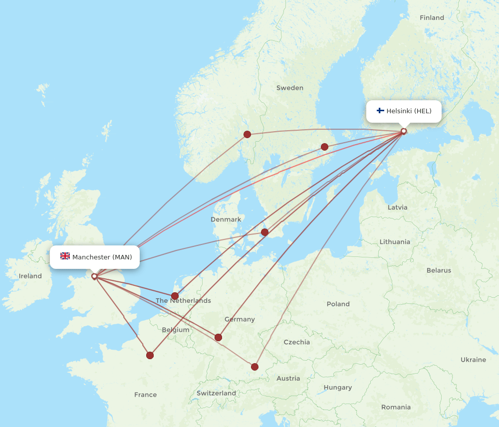 HEL to MAN flights and routes map