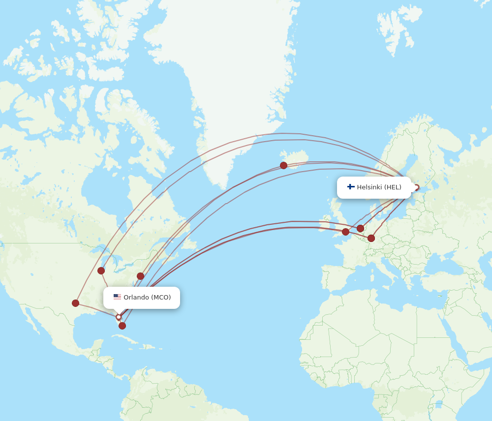 HEL to MCO flights and routes map