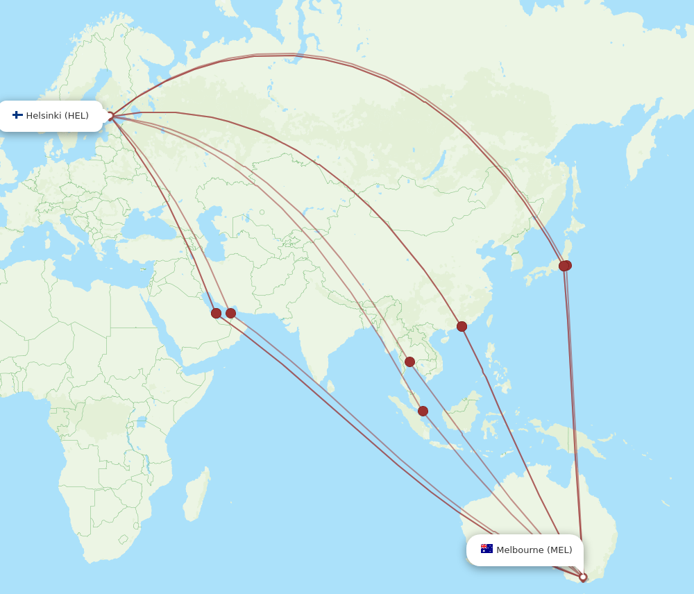 HEL to MEL flights and routes map