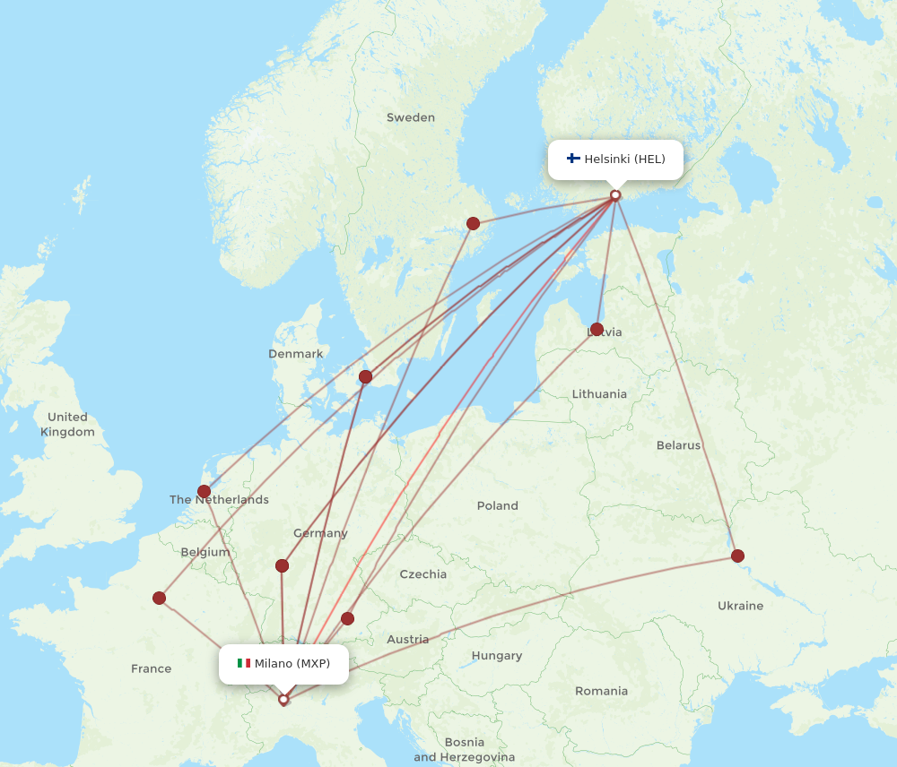 HEL to MXP flights and routes map