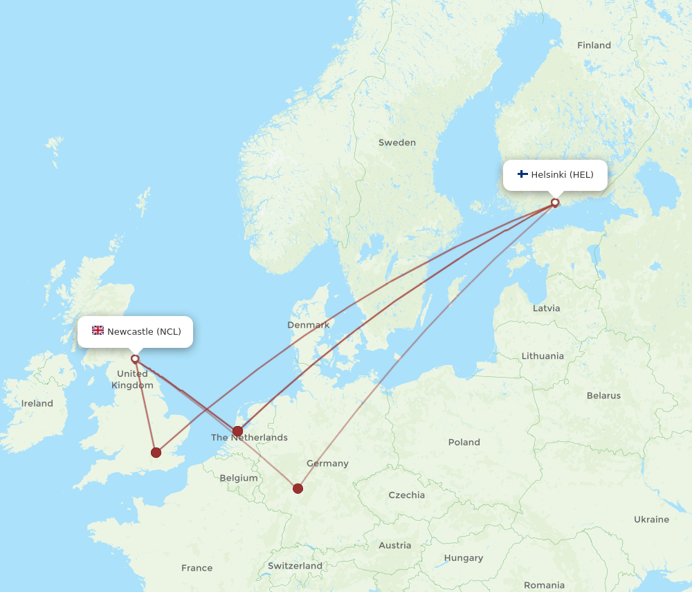 HEL to NCL flights and routes map