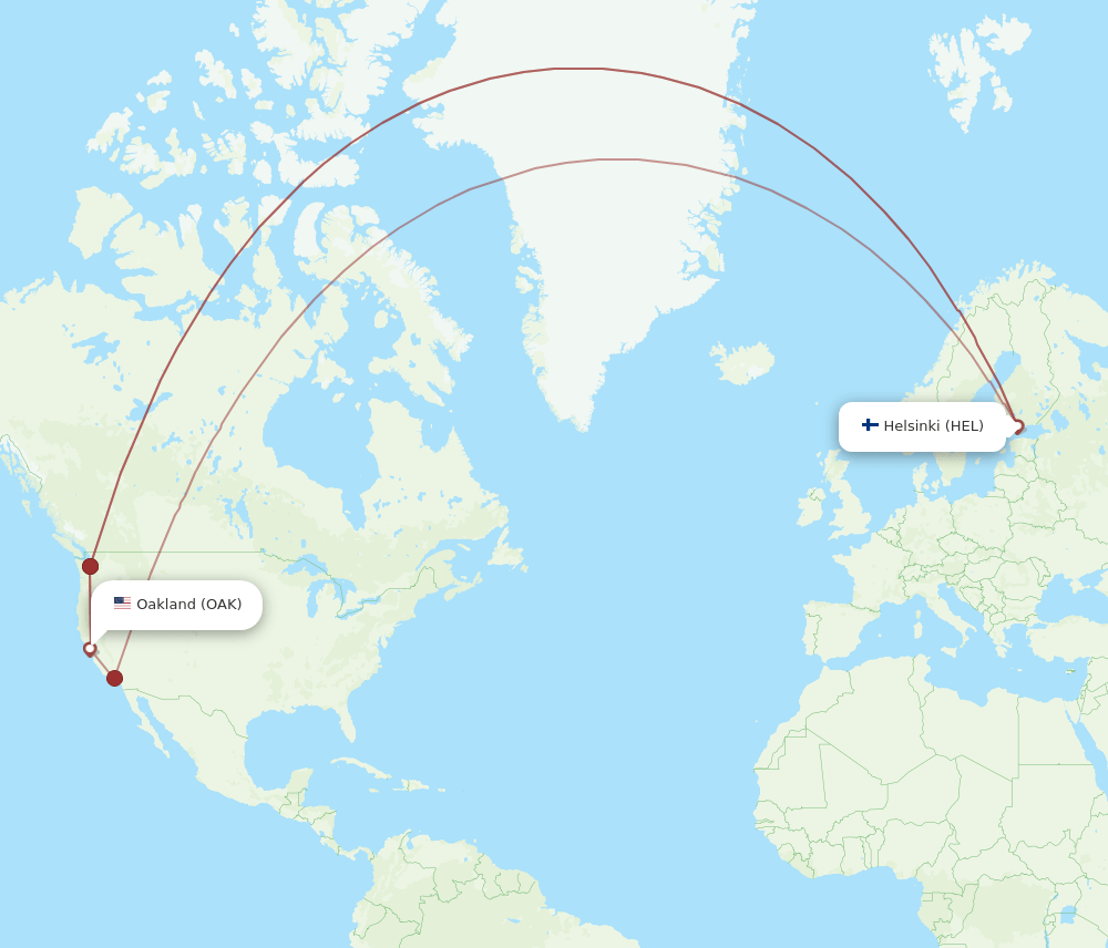 HEL to OAK flights and routes map