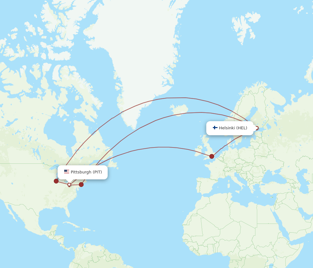 HEL to PIT flights and routes map
