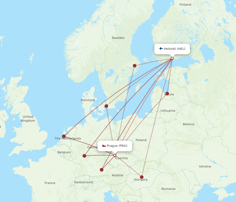 HEL to PRG flights and routes map