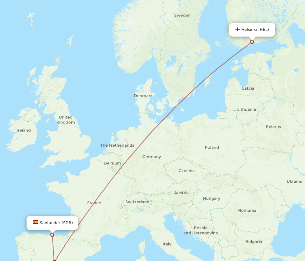 Helsinki - Santander route map and flight paths