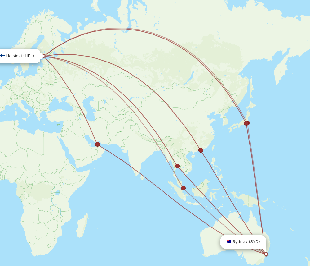 HEL to SYD flights and routes map