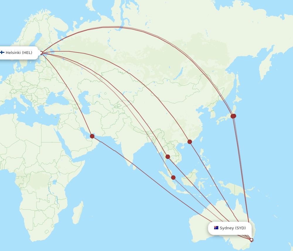 HEL-SYD flight routes