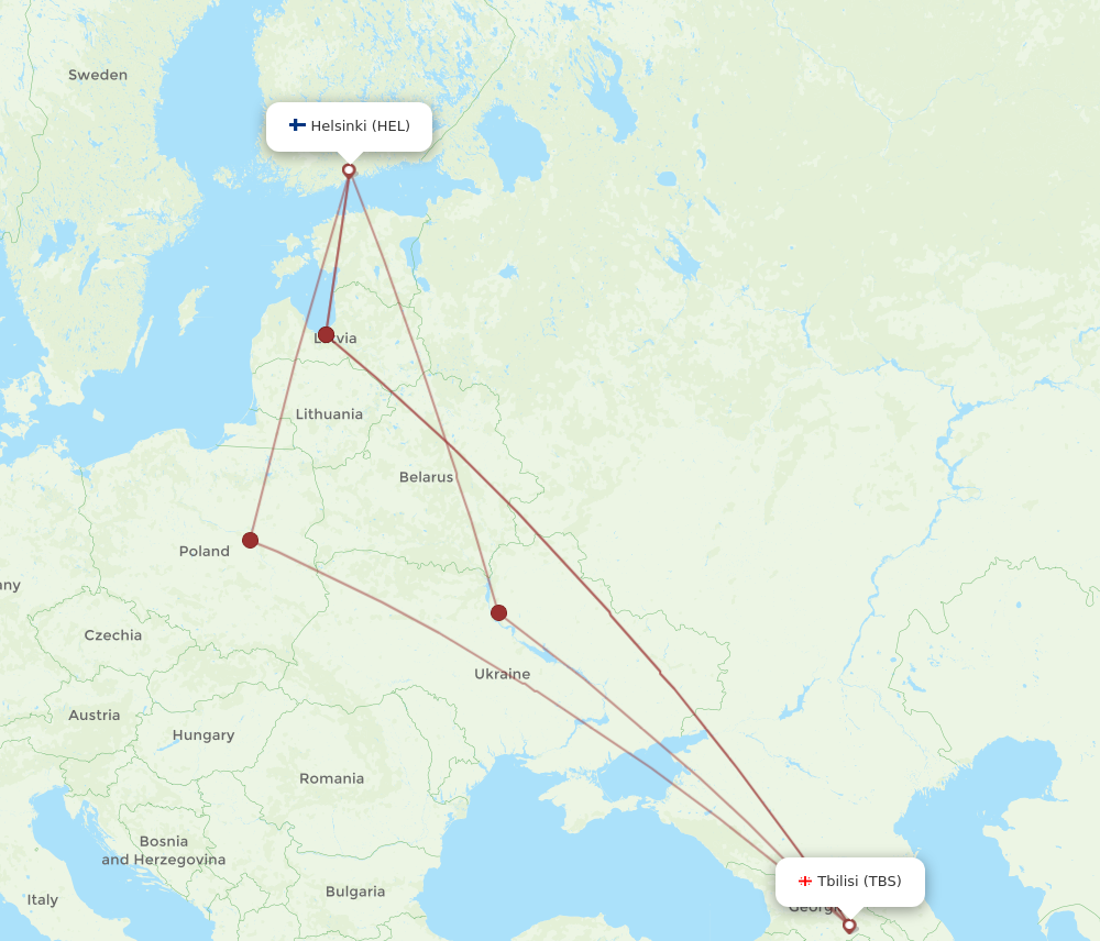 HEL to TBS flights and routes map