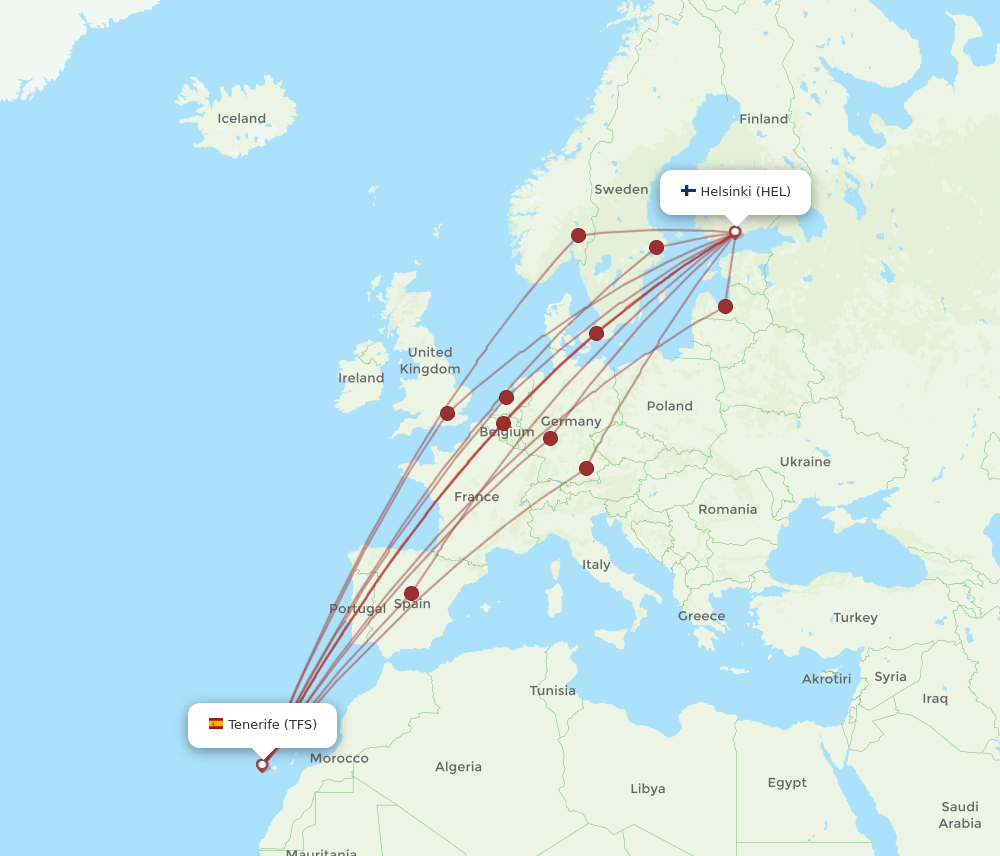 HEL to TFS flights and routes map