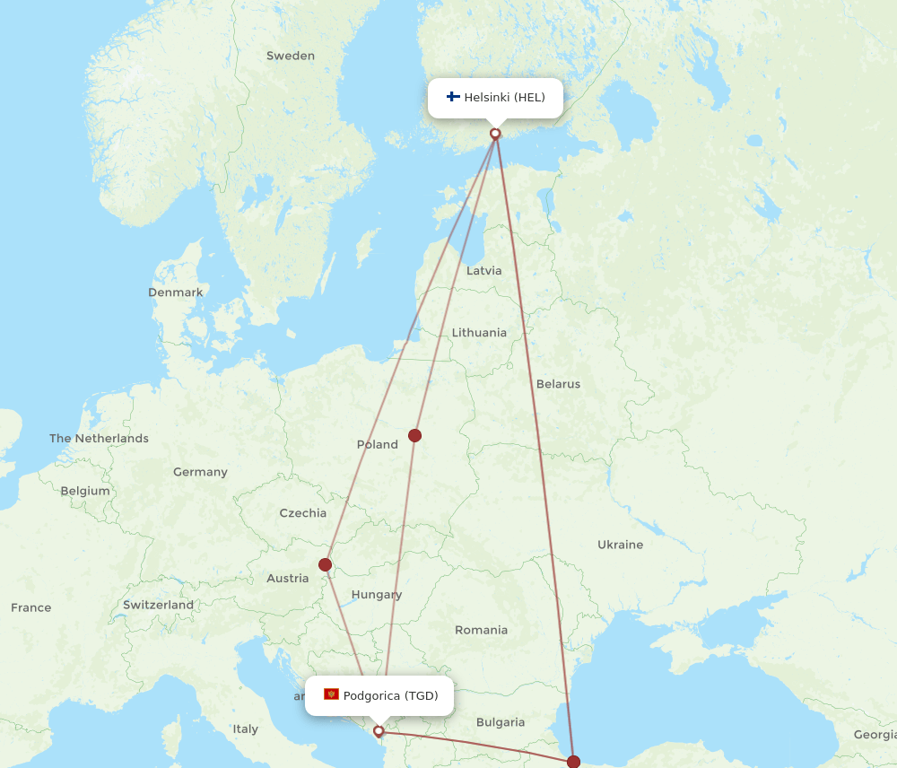 HEL to TGD flights and routes map