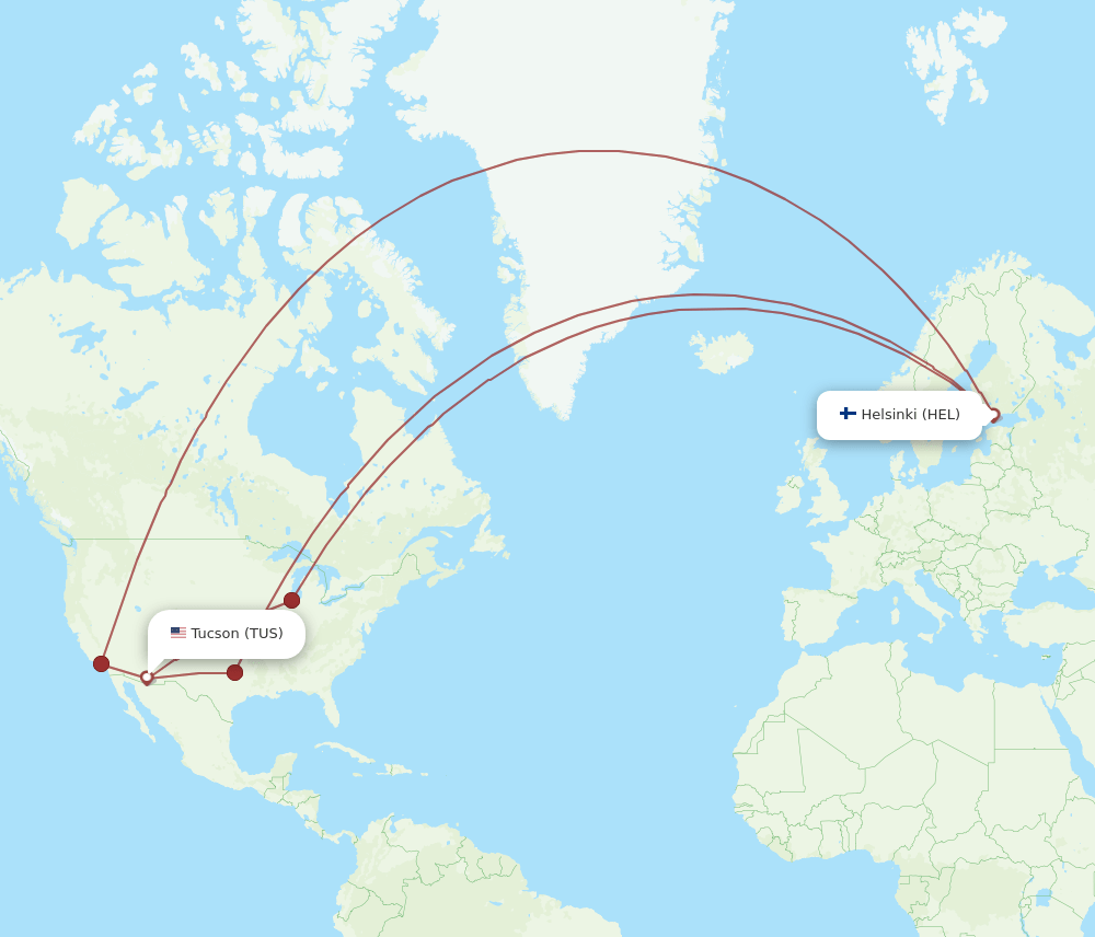 HEL to TUS flights and routes map