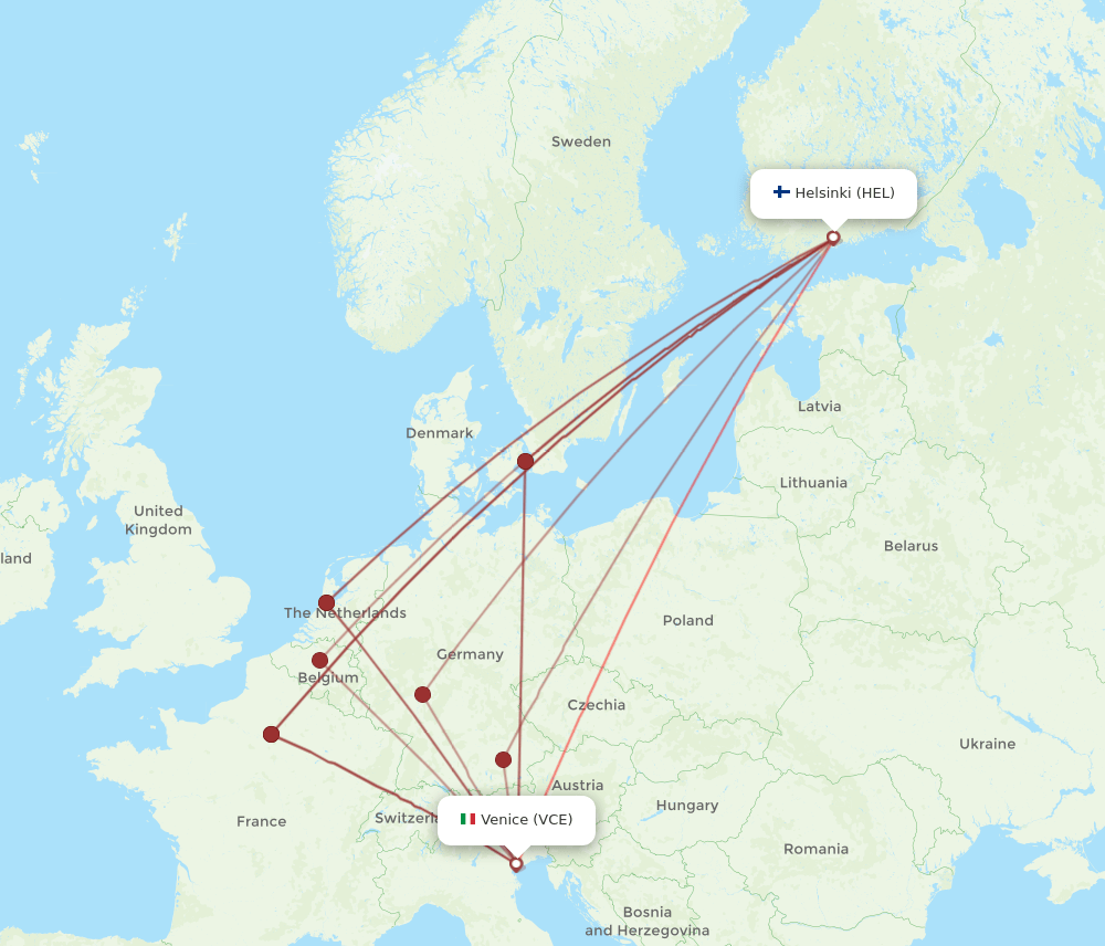 HEL to VCE flights and routes map