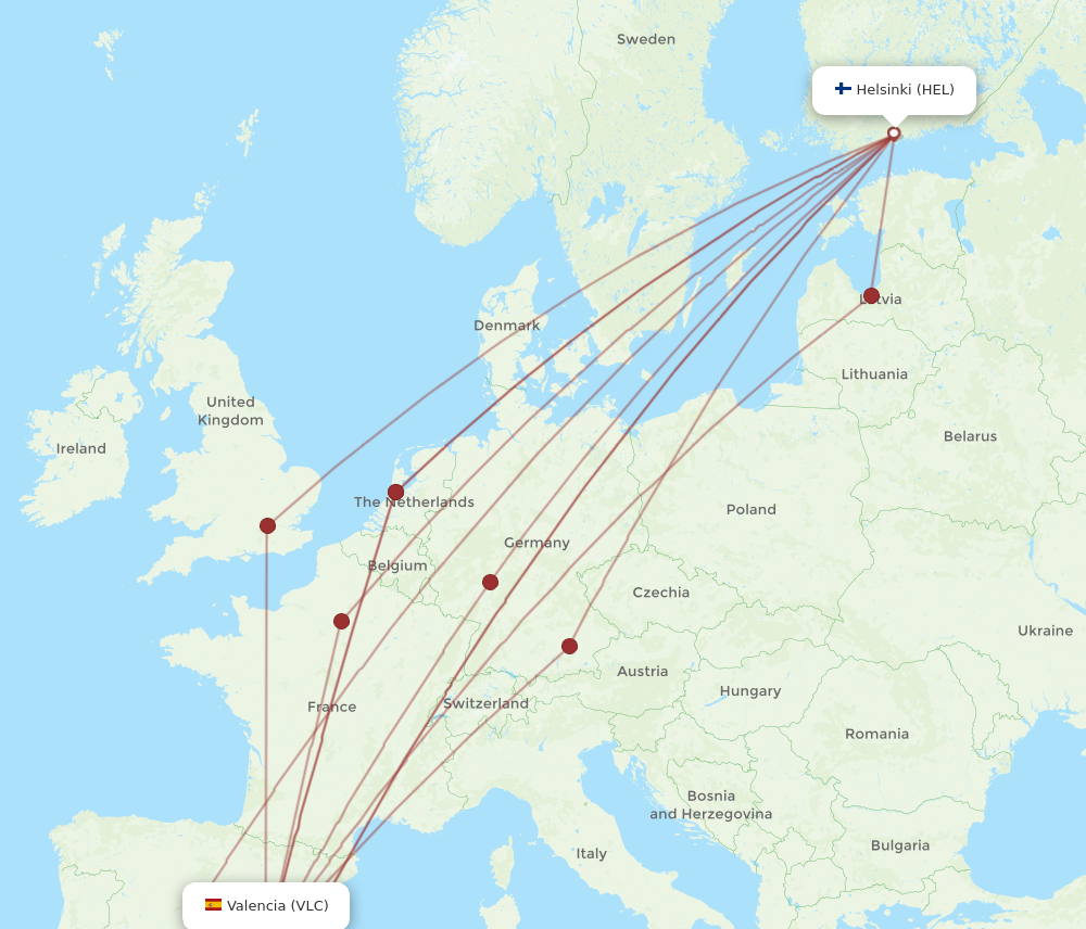 HEL to VLC flights and routes map
