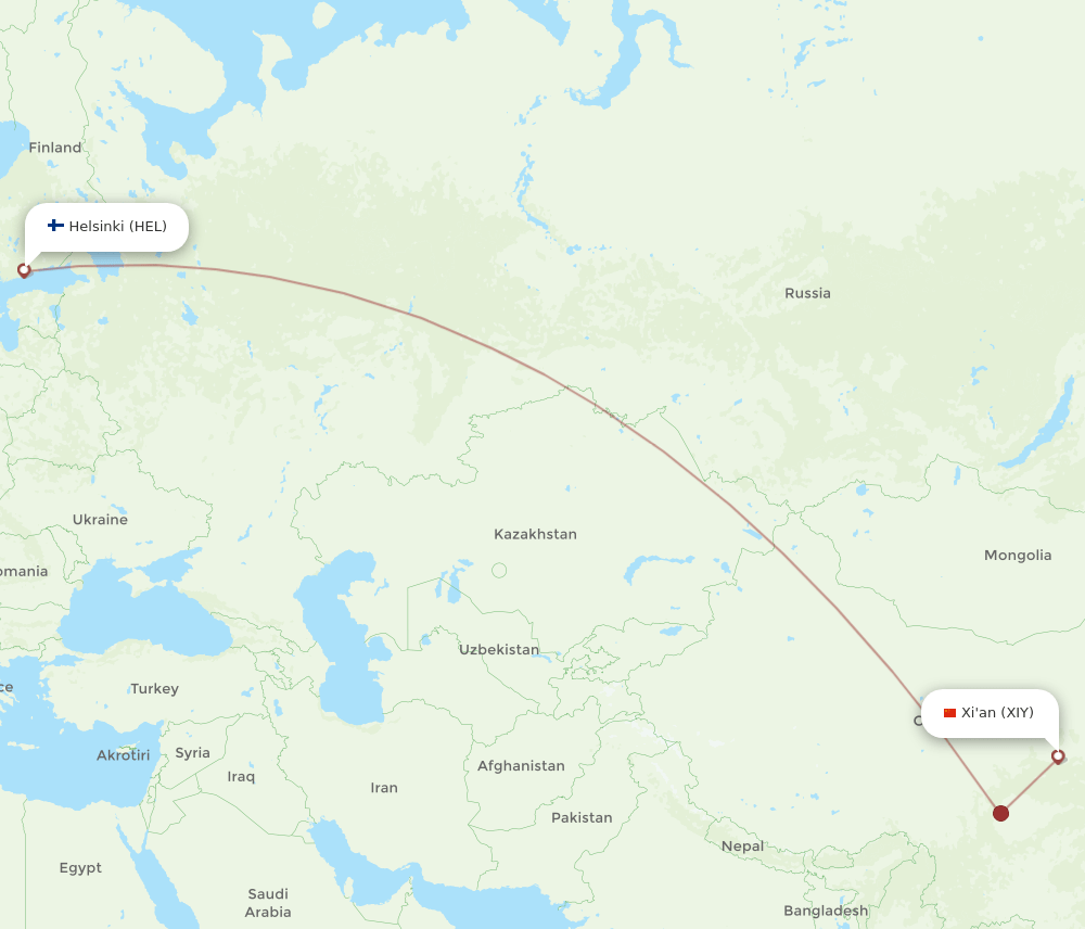 Helsinki - Xian route map and flight paths