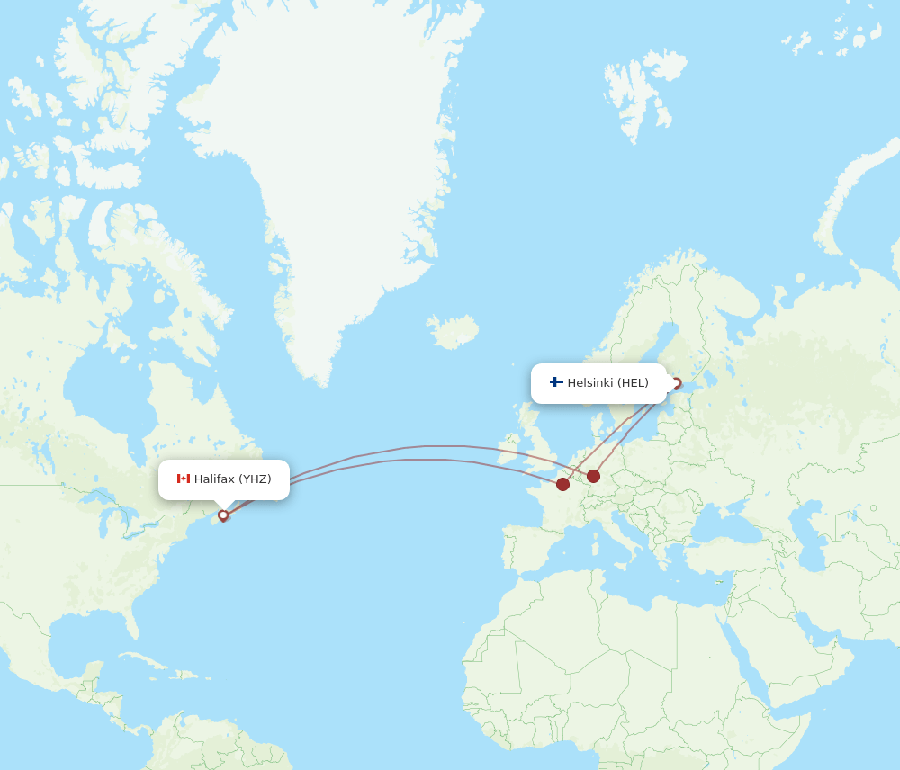 HEL to YHZ flights and routes map