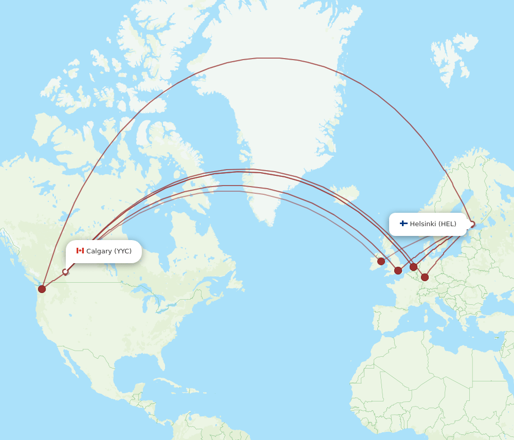 Calgary - Helsinki route map and flight paths