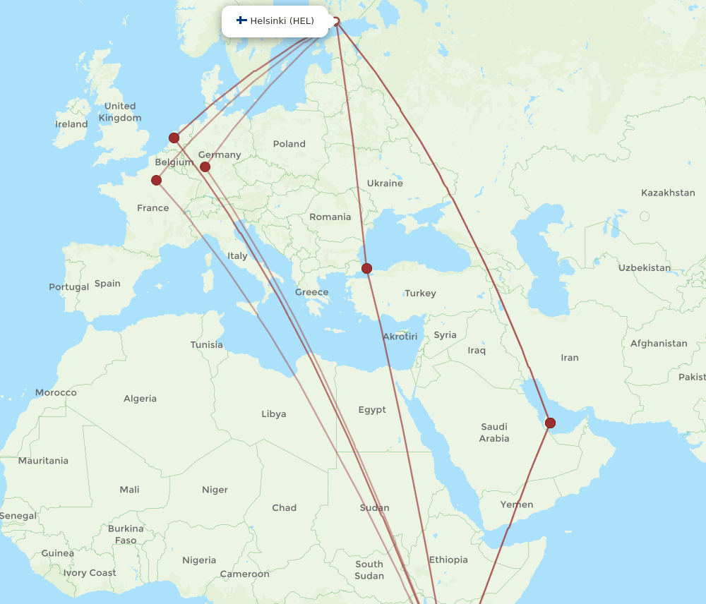 Zanzibar - Helsinki route map and flight paths