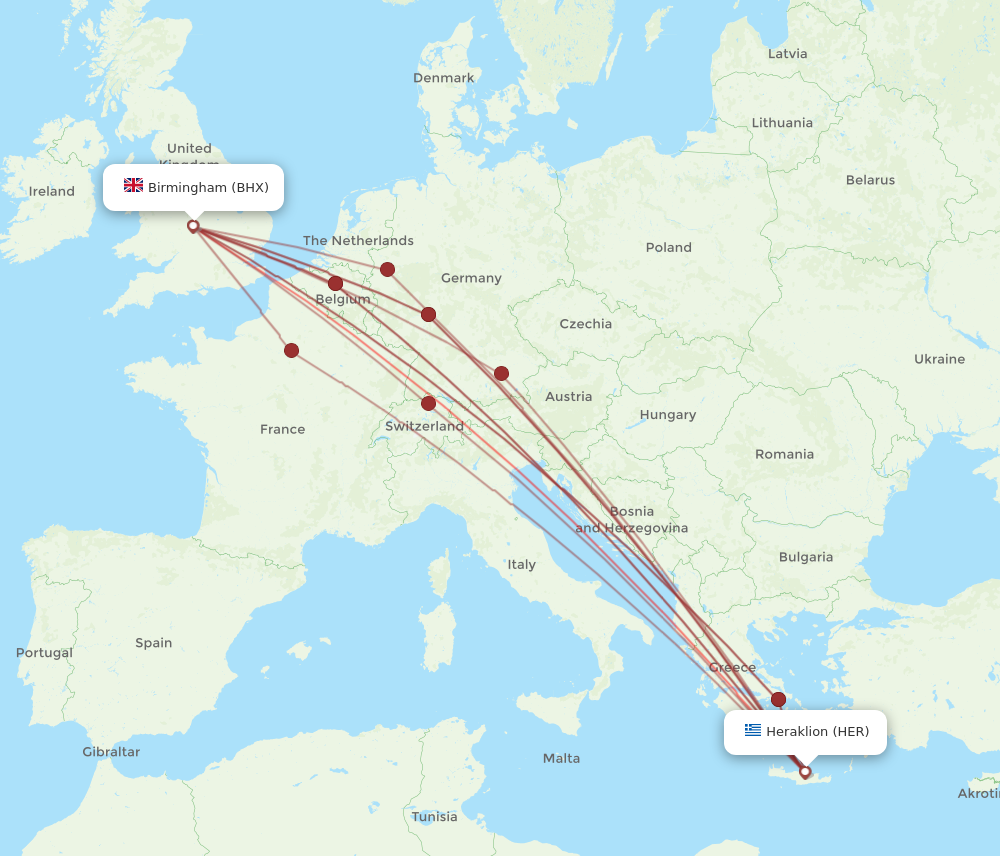 HER to BHX flights and routes map