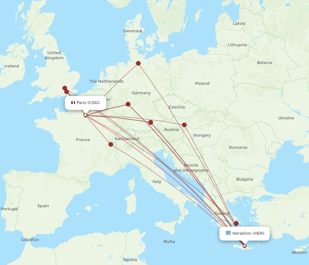 HER to CDG flights and routes map