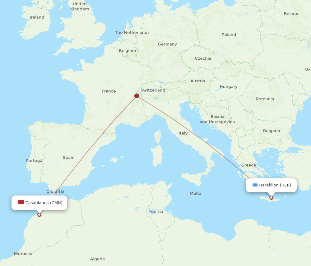 Casablanca - Heraklion route map and flight paths