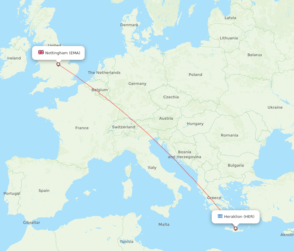 Heraklion - Leicestershire route map and flight paths