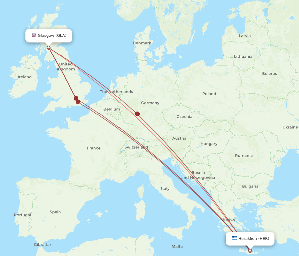 HER to GLA flights and routes map