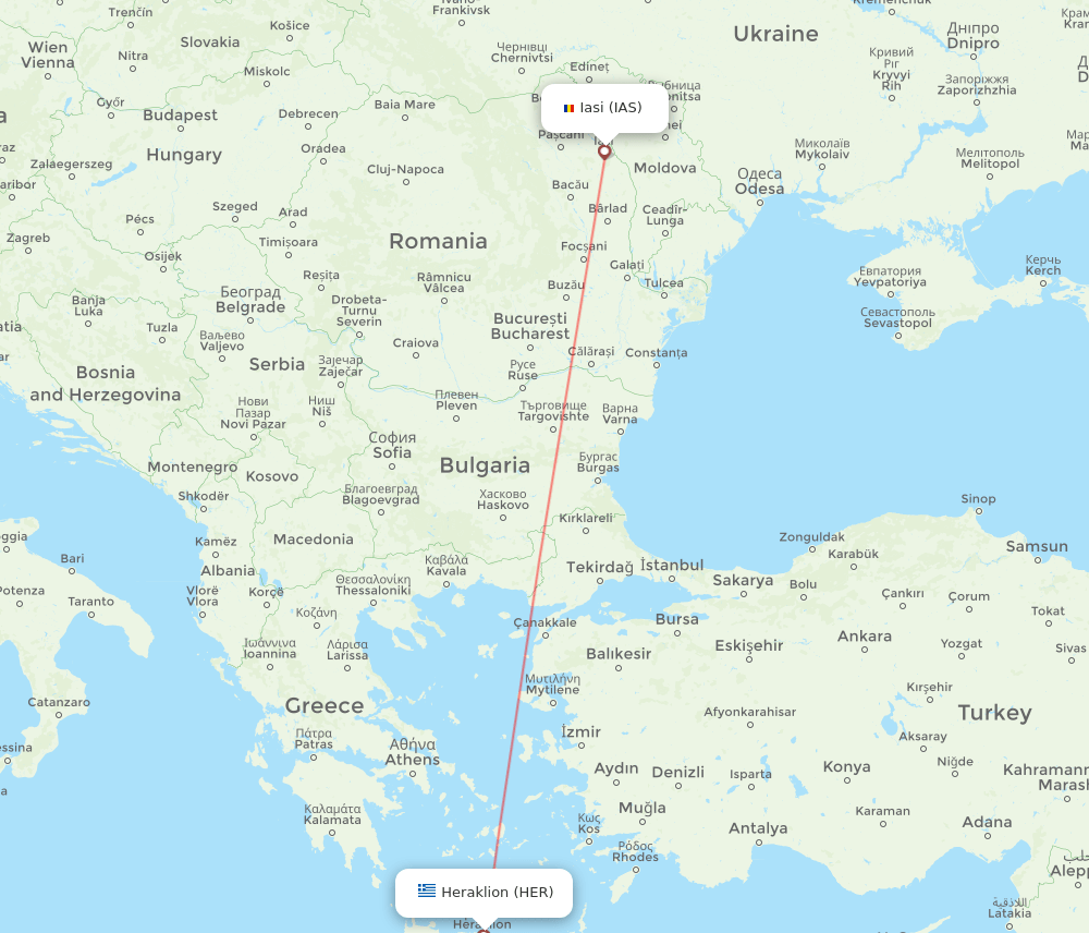 Heraklion - Iasi route map and flight paths